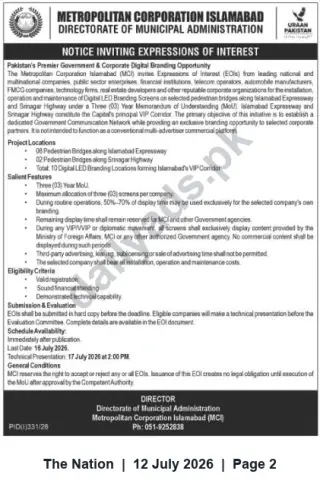 Newspaper clipping: EOI: Corporate Digital Branding on Pedestrian Bridges — Metropolitan Corporation Islamabad, The Nation, 12 Jul 2026