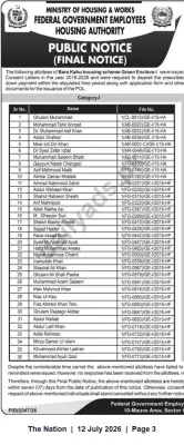 Newspaper clipping: Final Public Notice: Allottees of Bara Kahu Green Enclave-I – Deposit Required, The Nation, 12 Jul 2026
