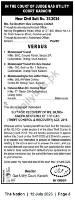 Newspaper clipping: Gas Utility Court Karachi: Civil Suit No. 35/2024 – Recovery Summons under Gas Theft Control & Recovery Act, The Nation, 12 Jul 2026