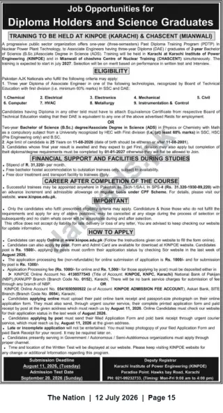 Newspaper clipping: One-Year PDTP Training to Associate Engineer — KINPOE & CHASCENT (Diploma/BSc Holders), The Nation, 12 Jul 2026