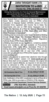 Newspaper clipping: ZTBL e-Bid: General Maintenance & Janitorial Services for Head Office, Islamabad, The Nation, 12 Jul 2026