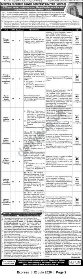 Newspaper clipping: MEPCO (Multan Electric Power Company) Vacancies — Managerial & Deputy Manager Roles in Market Implementation & Regulatory Affairs (MIRAD), Express, 12 Jul 2026