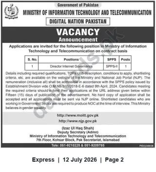 Newspaper clipping: Vacancy: Director Internet Governance (SPPS-II) — Ministry of IT & Telecommunication, Pakistan, Express, 12 Jul 2026