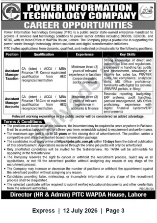 Newspaper clipping: PITC Careers: Assistant Manager (Taxation & Accounts) — WAPDA House, Lahore, Express, 12 Jul 2026