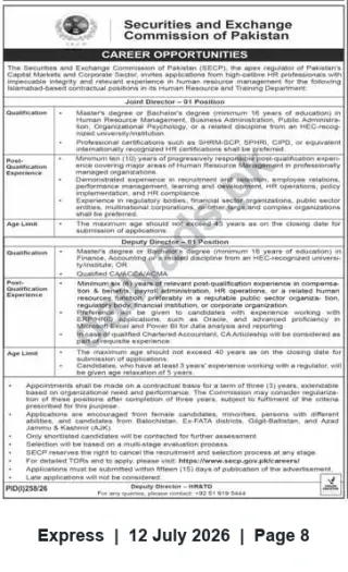Newspaper clipping: SECP Career Opportunities: Joint Director and Deputy Director (01 post each), Express, 12 Jul 2026