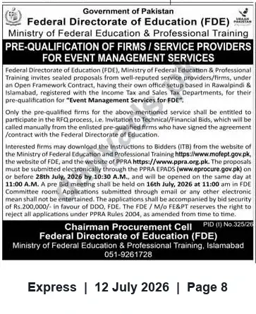 Newspaper clipping: Pre-Qualification of Event Management Firms for Federal Directorate of Education (FDE), Express, 12 Jul 2026