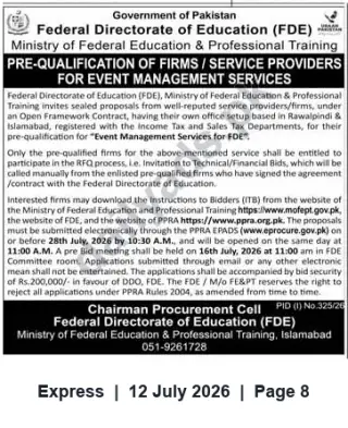 Newspaper clipping: Pre-Qualification of Event Management Firms for Federal Directorate of Education (FDE), Express, 12 Jul 2026