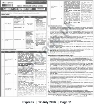 Newspaper clipping: Faculty and Administrative Vacancies at Institute of Management Sciences, Peshawar, Express, 12 Jul 2026