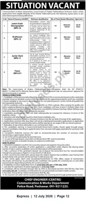 Newspaper clipping: Communication & Works Dept., Khyber Pakhtunkhwa — Multiple Regular Vacancies (BPS-07 to BPS-14), Express, 12 Jul 2026