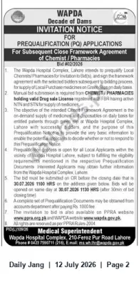 Newspaper clipping: WAPDA Hospital Lahore — Prequalification for Chemists/Pharmacies (Bid No. 02/2026), Jang, 12 Jul 2026