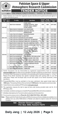 Newspaper clipping: SUPARCO Tender Notice for Office Furniture, IT & Electrical Items — Closing 2026-07-29, Jang, 12 Jul 2026