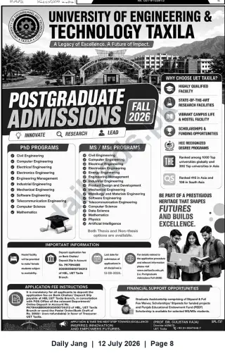 Newspaper clipping: UET Taxila — Postgraduate Admissions (Fall 2026) for MS & PhD, Jang, 12 Jul 2026