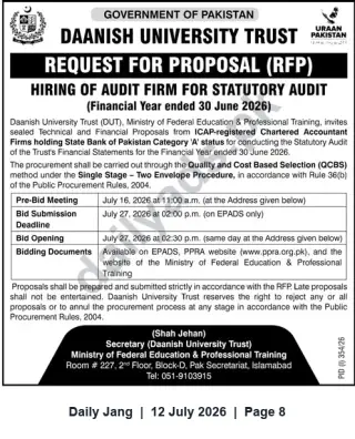 Newspaper clipping: Daanish University Trust RFP — Hiring Audit Firm for Statutory Audit (FY ended 30 June 2026), Jang, 12 Jul 2026