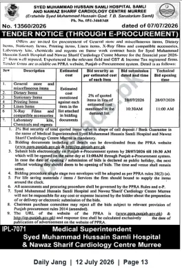 Newspaper clipping: Tender for Supply of General Store, Medical & Laboratory Items — Syed Muhammad Hussain Samli Hospital, Murree, Jang, 12 Jul 2026