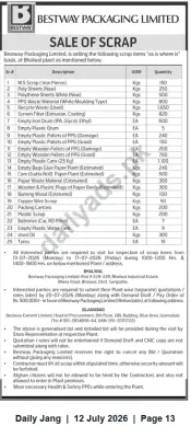 Newspaper clipping: Bestway Packaging Limited — Sale of Scrap (Sealed Quotations), Jang, 12 Jul 2026