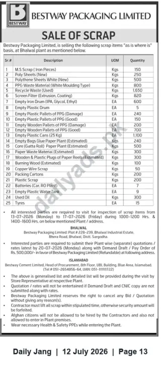 Newspaper clipping: Bestway Packaging Limited — Sale of Scrap (Sealed Quotations), Jang, 12 Jul 2026