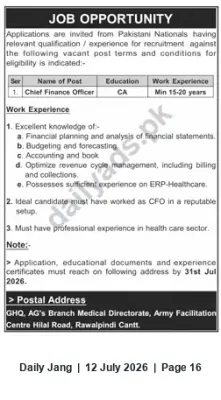 Newspaper clipping: Chief Finance Officer (CA) — Army Facilitation Centre, Rawalpindi Cantt, Jang, 12 Jul 2026