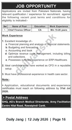 Newspaper clipping: Chief Finance Officer (CA) — Army Facilitation Centre, Rawalpindi Cantt, Jang, 12 Jul 2026