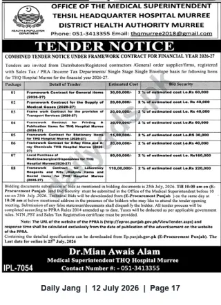 Newspaper clipping: THQ Hospital Murree — Framework Tender Notice for FY 2026-27 (E-Procurement Punjab), Jang, 12 Jul 2026