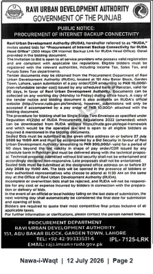 Newspaper clipping: RUDA Tender: Procurement of Internet Backup Connectivity for Head Office, Nawa-i-Waqt, 12 Jul 2026