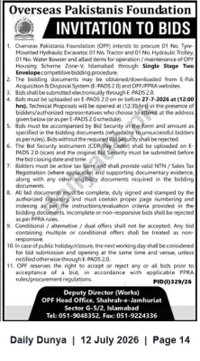 Newspaper clipping: OPF Invitation to Bids: Excavator, Tractor & Hydraulic Trolley (Islamabad), Dunya, 12 Jul 2026