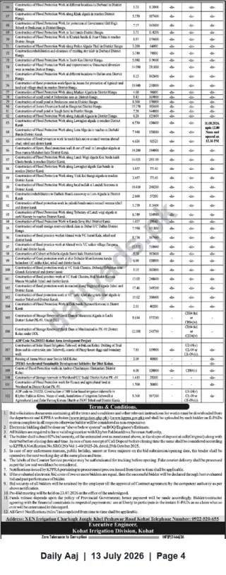 Newspaper clipping: Tender Notice: Multiple Flood Protection and Storage Works — Kohat Irrigation Division, Daily Aaj, 13 Jul 2026