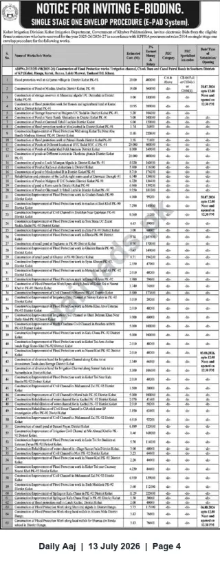 Newspaper clipping: Kohat Irrigation Division Invites E-Bids for 65 Flood Protection & Irrigation Works (E-PAD System), Daily Aaj, 13 Jul 2026