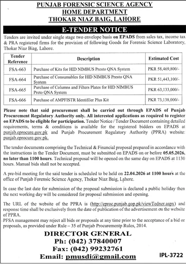 PFSA Tender 2026 for Forensic Lab Goods in Lahore – Tenders ad in Lahore from Daily Aaj, published 16 Apr 2026