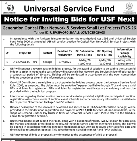 Universal Service Fund Bids for Optical Fiber Network Projects – Tenders ad in Shangla from Daily Dunya, published 16 Apr 2026
