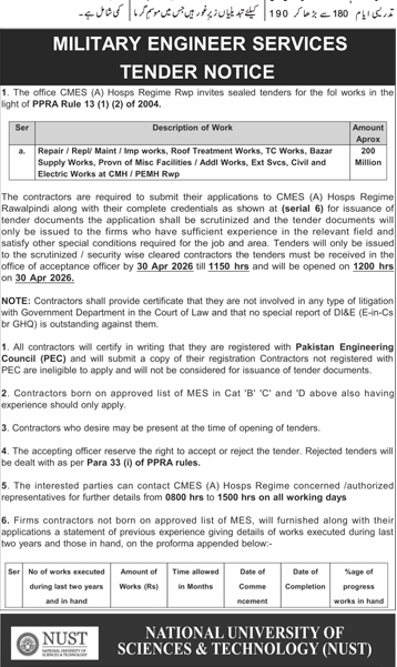 MES Tender Notice for Civil & Electric Works in Rawalpindi – Tenders ad in Rawalpindi from Daily Dunya, published 16 Apr 2026