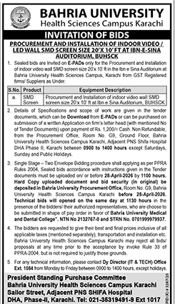 Bahria University Karachi Tender for LED Wall Installation – Tenders ad in Karachi from Daily Dunya, published 16 Apr 2026