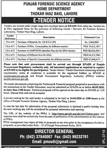 Punjab Forensic Science Agency Tender for Goods & Services – Tenders ad in Lahore from Daily Dunya, published 16 Apr 2026