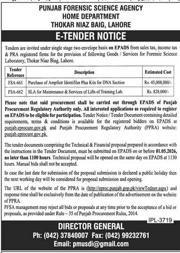 Punjab Forensic Science Agency Tender Notice Lahore – Tenders ad in Lahore from Daily Dunya, published 16 Apr 2026