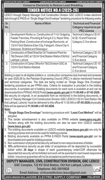 LESCO Tender Notice for Construction Works Lahore 2026 – Tenders ad in Lahore from Daily Dunya, published 16 Apr 2026