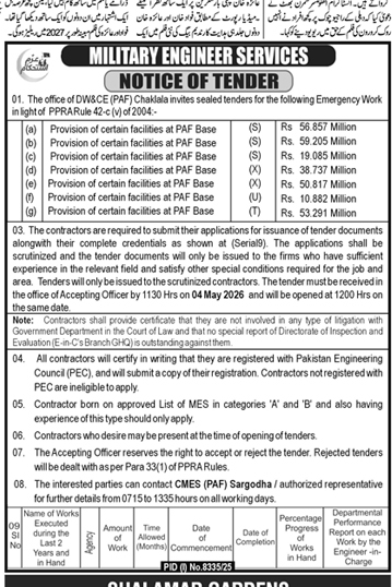 Military Engineer Services Tender for PAF Base Facilities – Tenders ad in Chaklala from Daily Dunya, published 16 Apr 2026