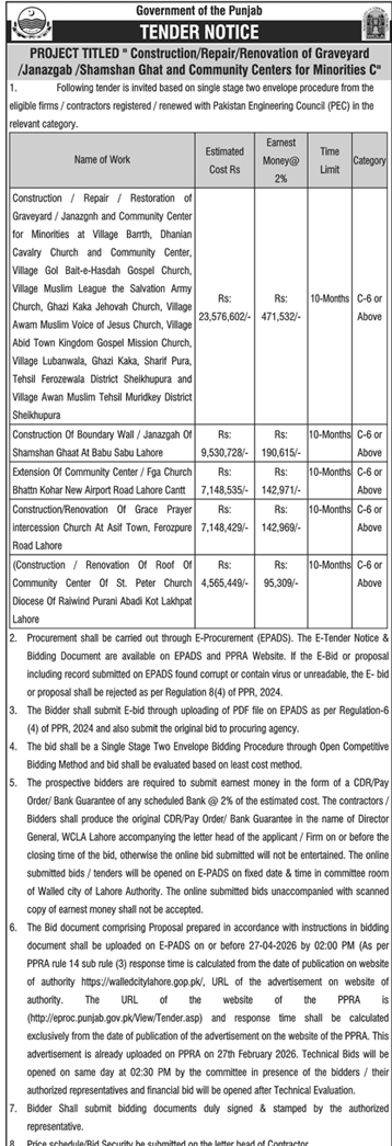 Tender for Construction of Minority Centers in Lahore – Tenders ad in Lahore from Daily Dunya, published 16 Apr 2026