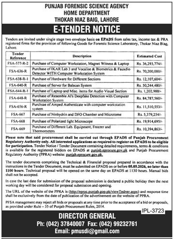 Punjab Forensic Science Agency Tender for Lab Equipment – Tenders ad in Lahore from Daily Dunya, published 16 Apr 2026