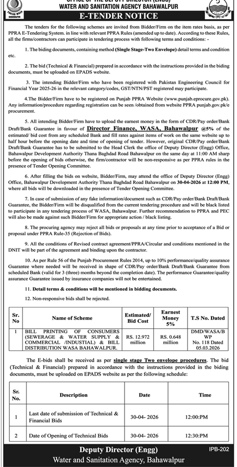 WASA Bahawalpur Tender for Bill Printing Services – Tenders ad in Bahawalpur from Daily Dunya, published 16 Apr 2026
