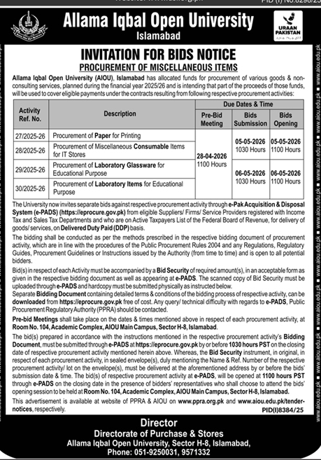 AIOU Bids Notice for Miscellaneous Items Procurement – Tenders ad in Islamabad from Daily Dunya, published 16 Apr 2026