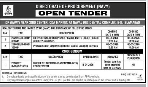 Navy Procurement Tender for Equipment & Services in Islamabad – Tenders ad in Islamabad from Daily Jang, published 16 Apr 2026