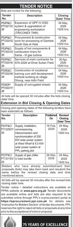 PPL Tender Notice for Engineering, Construction & Supplies – Tenders ad in Karachi from Daily Jang, published 16 Apr 2026