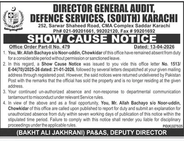 Show Cause Notice DG Audit Defence Services Karachi – Notices ad in Karachi from Daily Jang, published 16 Apr 2026