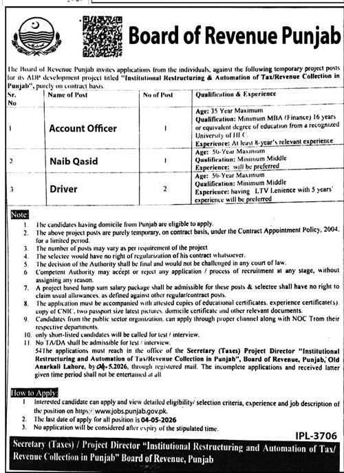 Board of Revenue Punjab Jobs for Officers, Drivers & Staff – Jobs ad in Lahore from Daily Jang, published 16 Apr 2026