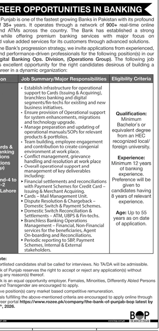 Bank of Punjab Jobs for Digital Banking Operations – Jobs ad in Lahore from Daily Jang, published 16 Apr 2026