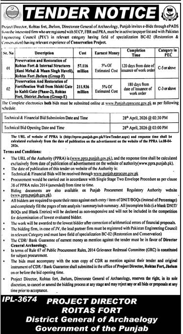 Tender for Rohtas Fort Restoration Projects in Jhelum – Tenders ad in Jhelum from Daily Jang, published 16 Apr 2026