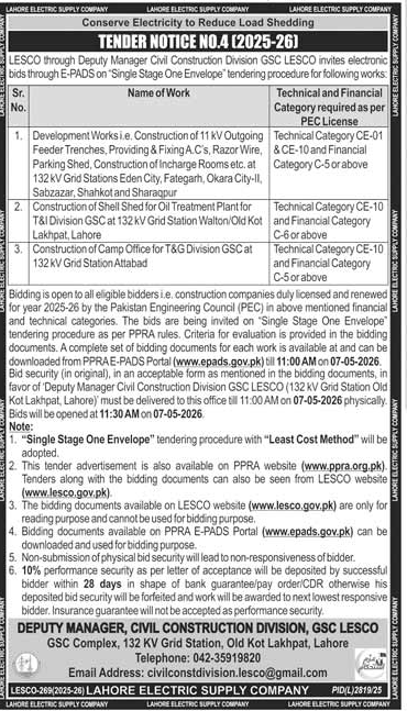 LESCO Tender Notice for Construction Works Lahore 2026 – Tenders ad in Lahore from Daily Jang, published 16 Apr 2026