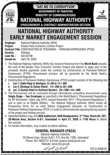 NHA Early Market Engagement for Peshawar-Torkham Expressway – Notices ad in Islamabad from Daily Jang, published 16 Apr 2026