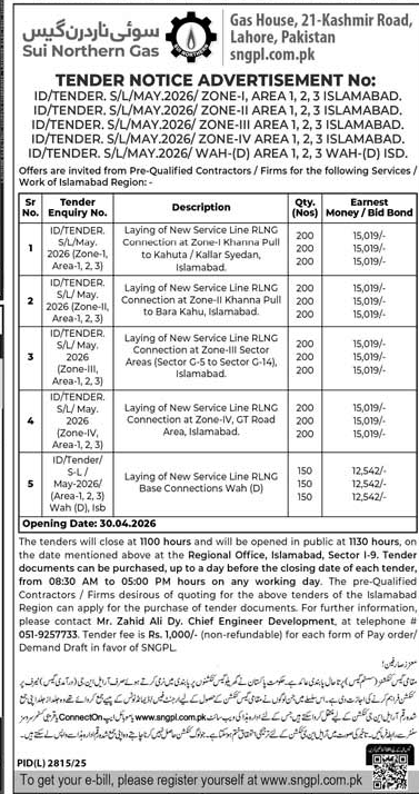 Sui Northern Gas Tender for Service Line Laying in Islamabad – Tenders ad in Islamabad from Daily Jang, published 16 Apr 2026