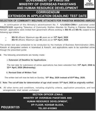 Community Welfare Attaché Jobs Deadline Extension Notice – Notices ad in Islamabad from Daily Jang, published 16 Apr 2026