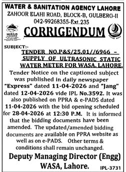 WASA Lahore Tender Corrigendum for Water Meter Supply – Tenders ad in Lahore from Daily Jang, published 16 Apr 2026